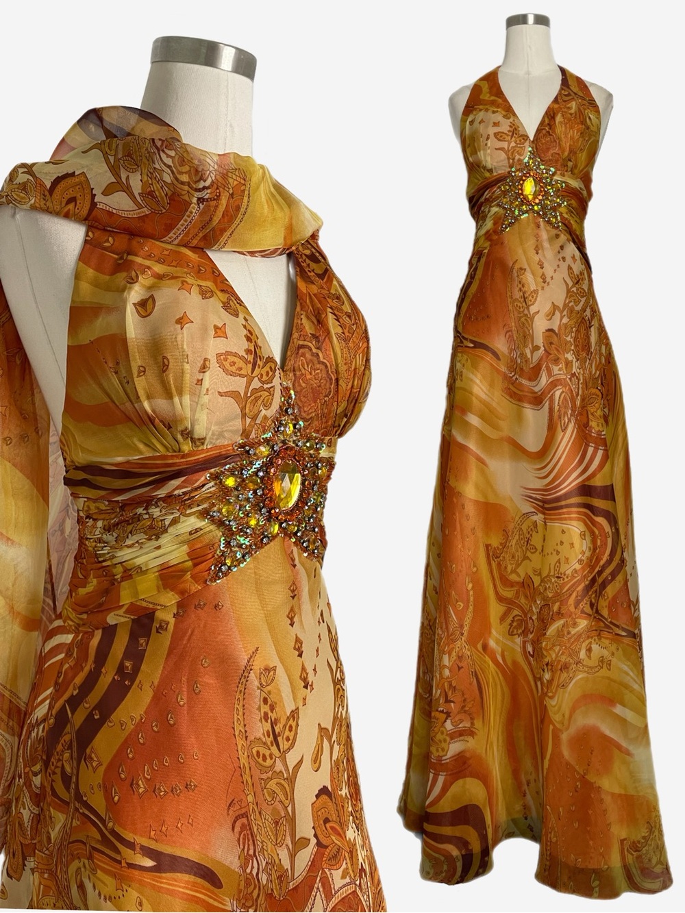 Vintage Y2K Bellissima Yellow brown abstract floral beaded halter maxi gown XS/S